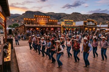 Ein großes Line-Dance-Event im Freien in einer Westernstadt bei Dämmerung. Im Vordergrund tanzen zahlreiche Menschen in Cowboyhüten und Jeans auf einer hölzernen Tanzfläche, während links eine Band auf einer Bühne spielt. Im Hintergrund sind beleuchtete Holzgebäude wie der „Red Dog Saloon“ und eine „Cantina“ vor einer bergigen Landschaft unter einem farbenfrohen Abendhimmel zu sehen